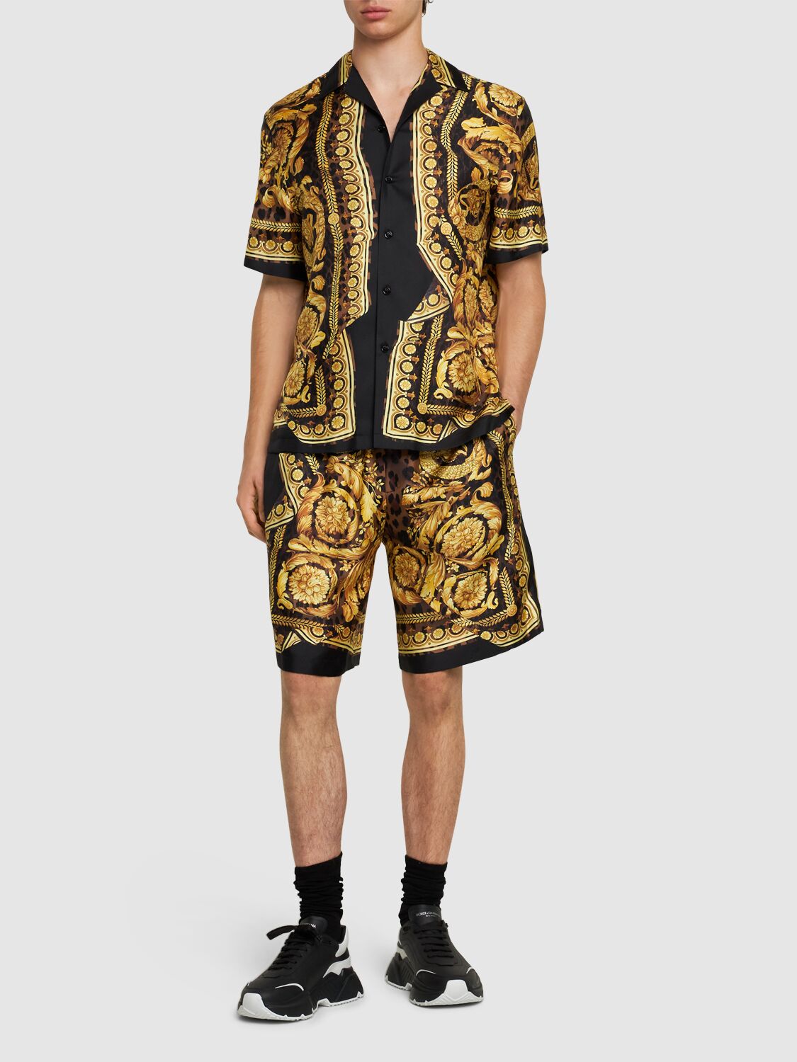 Shop Versace Printed Silk Twill Shirt In Chestnut