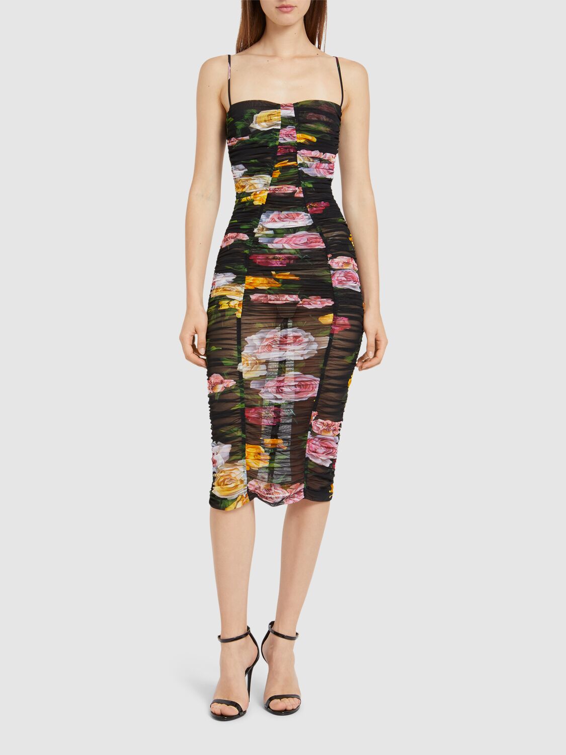 Dolce & Gabbana Printed Stretch Tulle Midi Dress In Black/multi