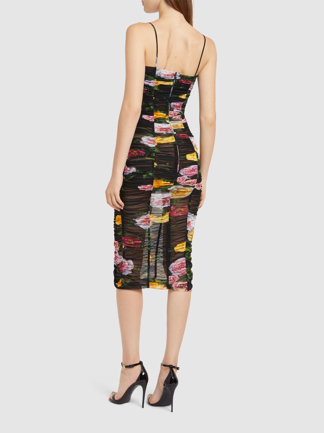 Dolce & Gabbana Printed Stretch Tulle Midi Dress In Black/multi