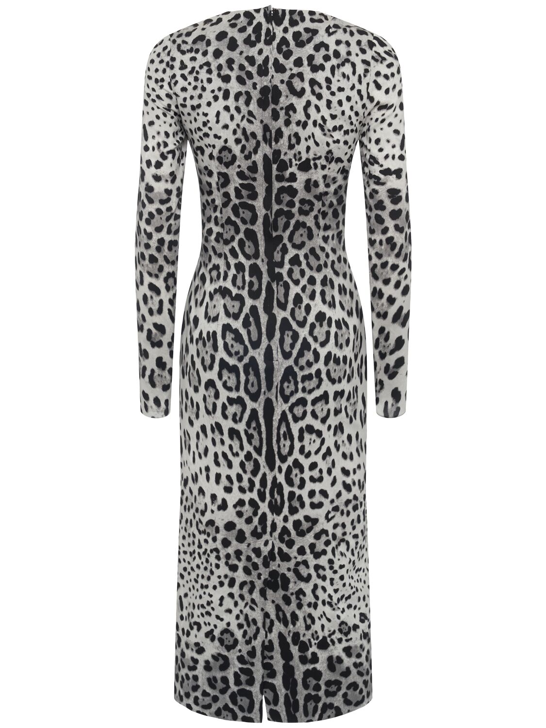 Dolce & Gabbana Leopard-print Long-sleeve Charmeuse Midi Dress In Grey/black
