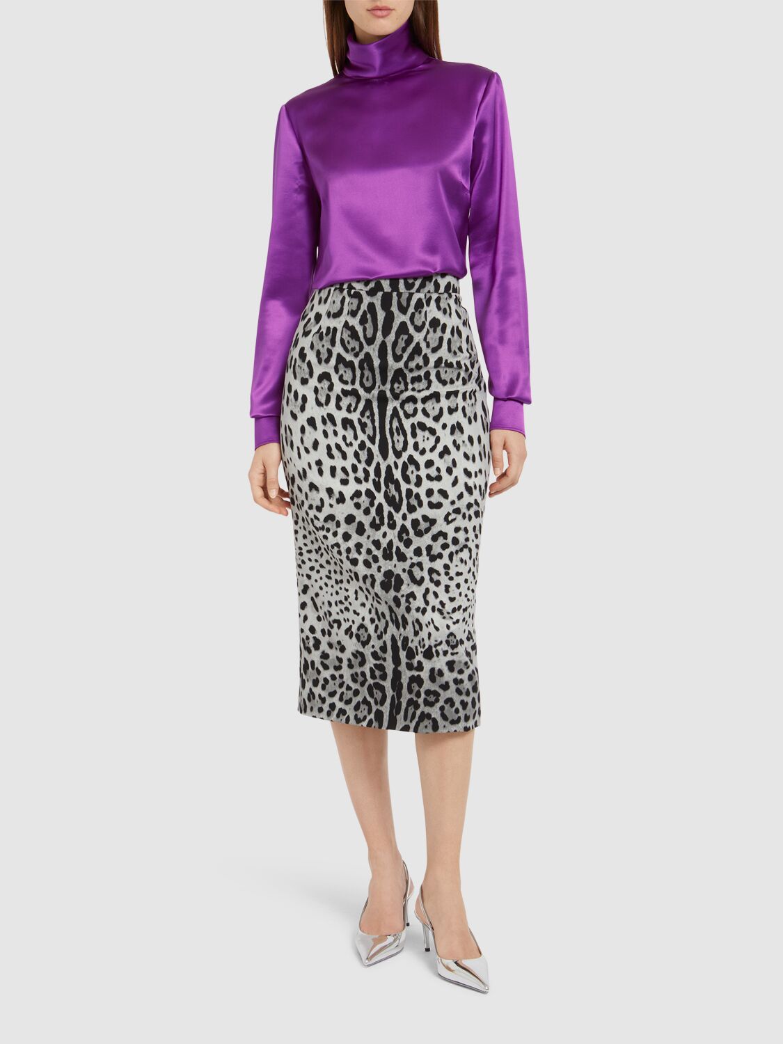 Dolce & Gabbana Leo Print Silk Charmeuse Midi Skirt In Grey/black