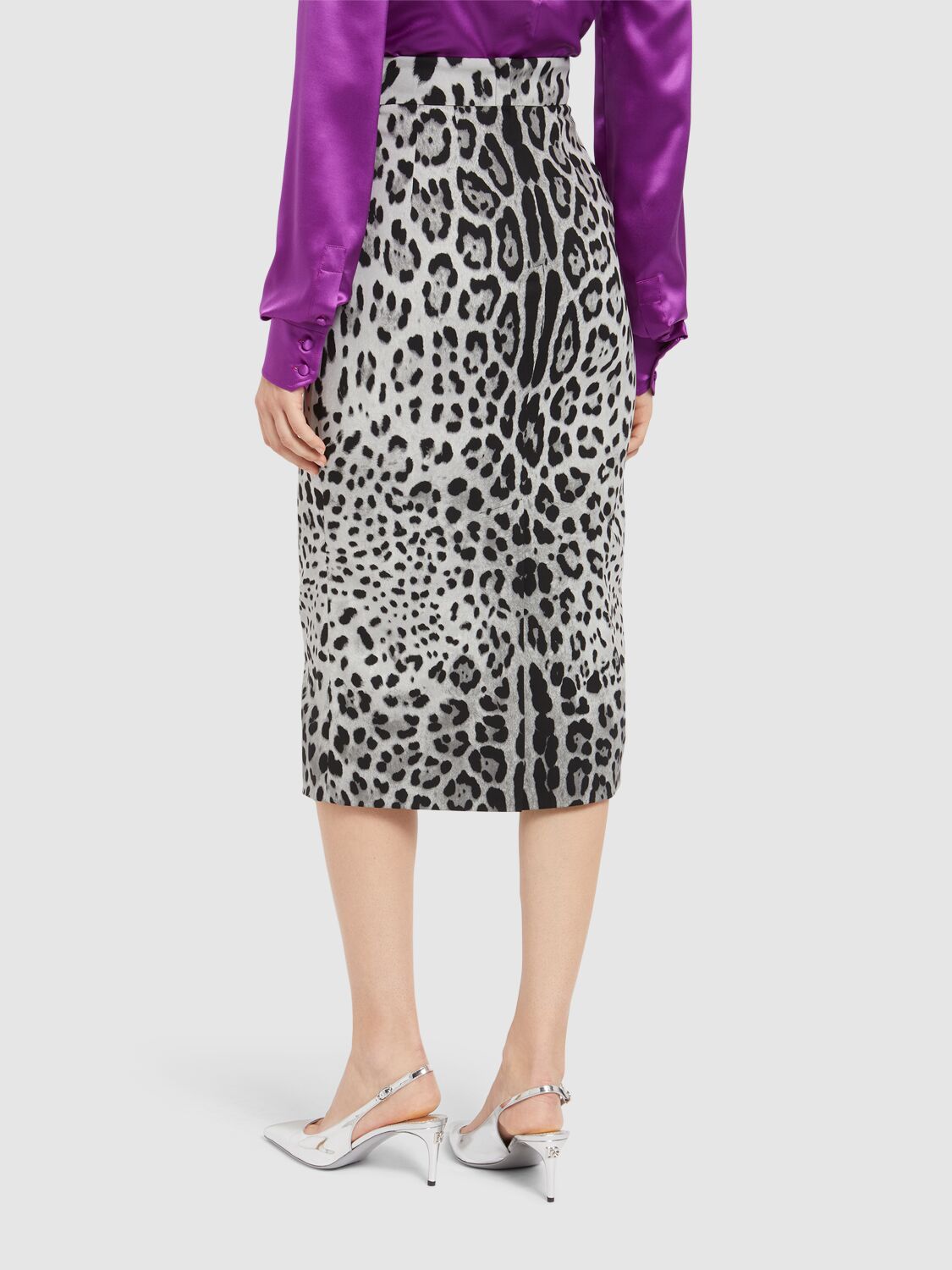 Dolce & Gabbana Leo Print Silk Charmeuse Midi Skirt In Grey/black