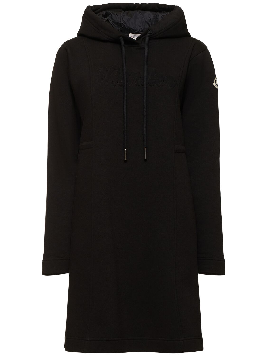 Shop Moncler Hooded Cotton Blend Mini Dress In Black