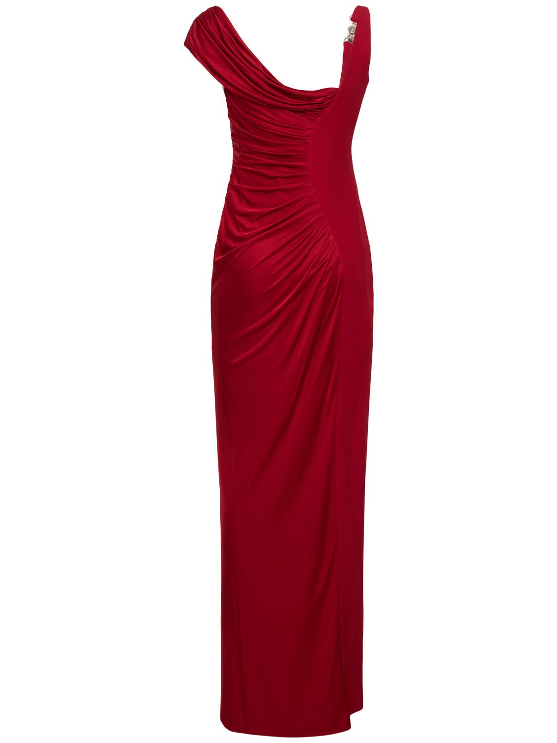 Shop Versace Draped Viscose Liquid Jersey Gown In Red