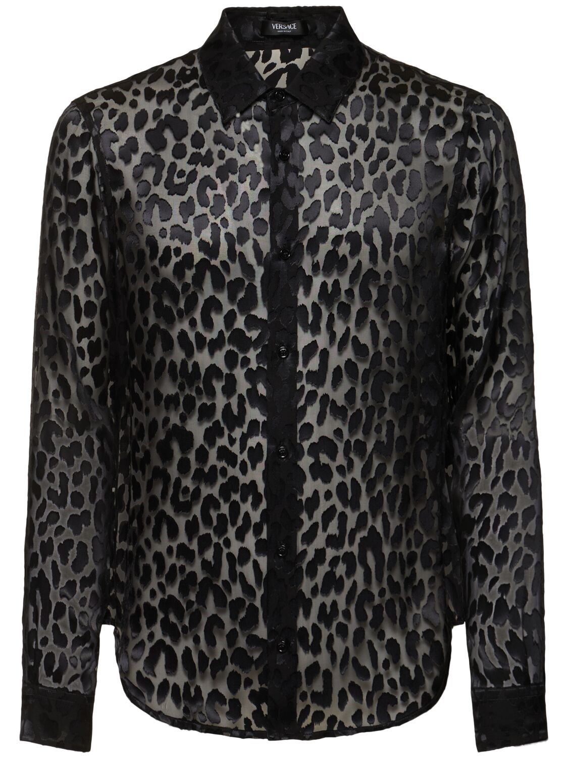 Versace Leopard Print Silk Blend Satin Shirt In 1b000-black