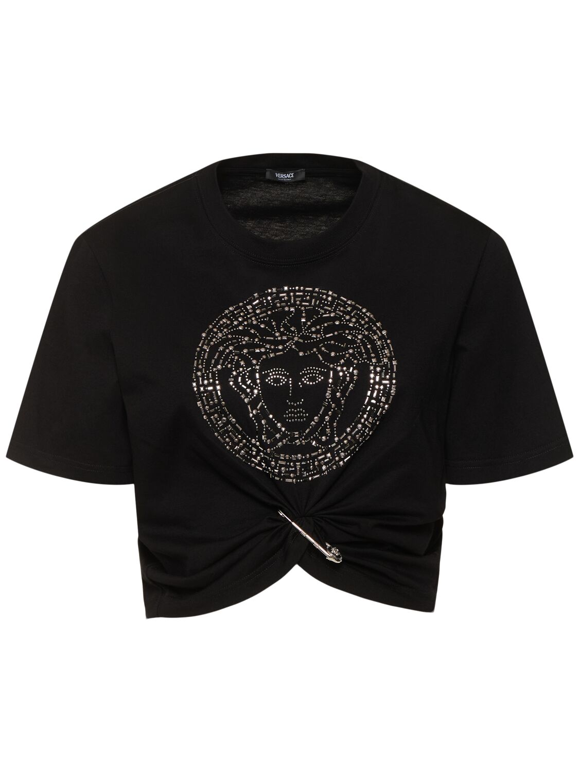 Shop Versace Medusa Cotton Jersey Cropped T-shirt In Black