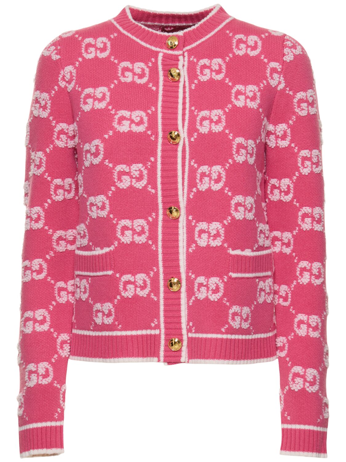 Shop Gucci Gg Wool Bouclé Jacquard Cardigan In Baloon Pink