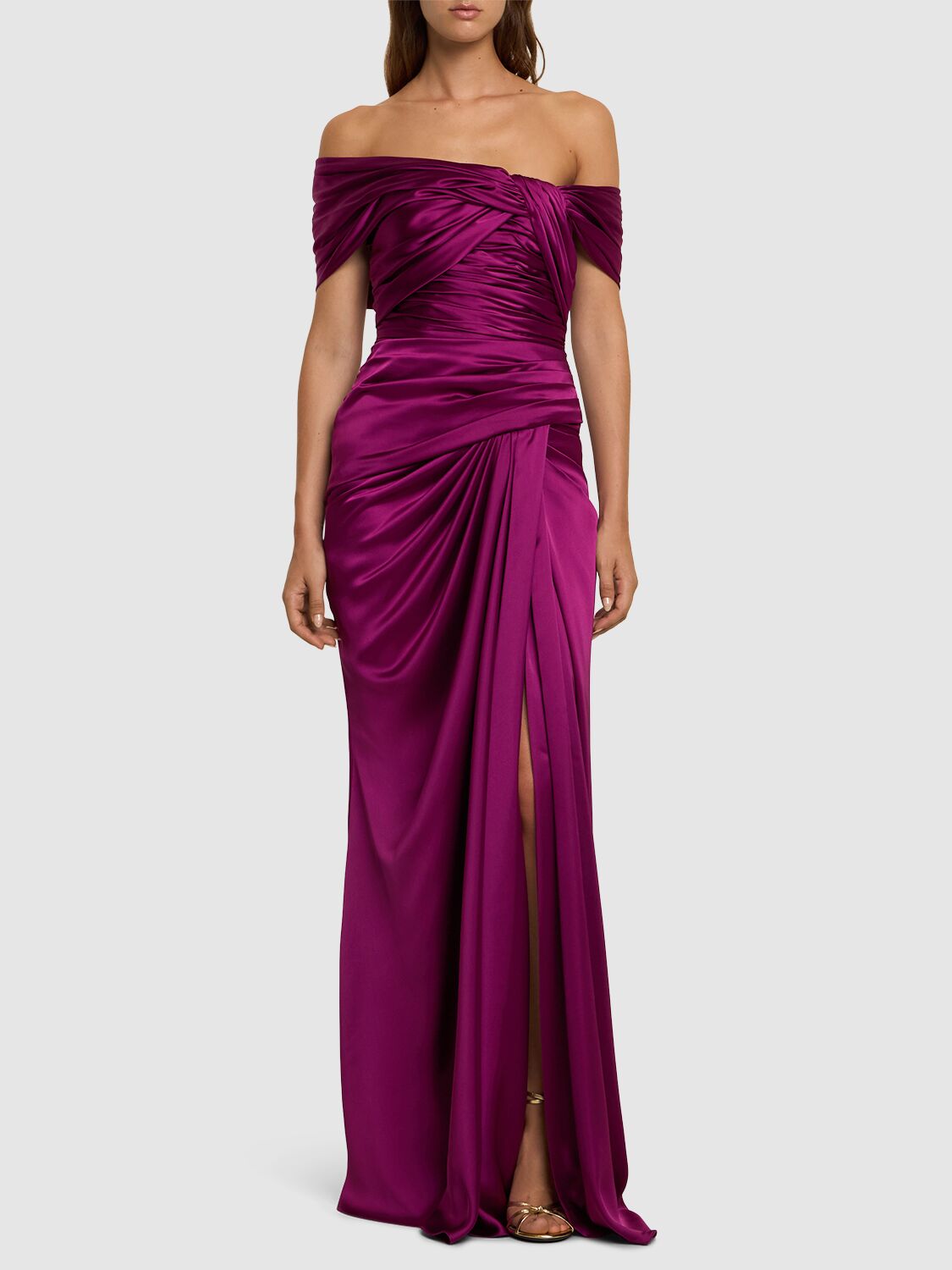 Shop Zuhair Murad Off-the-shoulder Draped Satin Long Dress In Purple