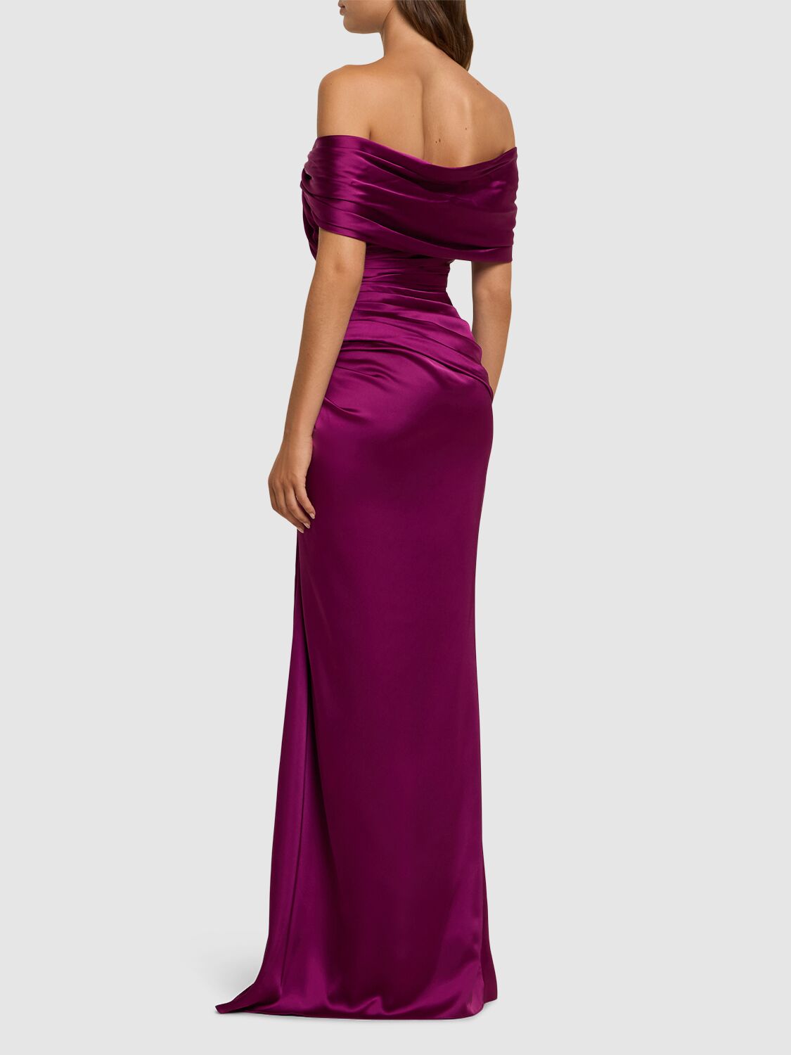 Shop Zuhair Murad Off-the-shoulder Draped Satin Long Dress In Purple