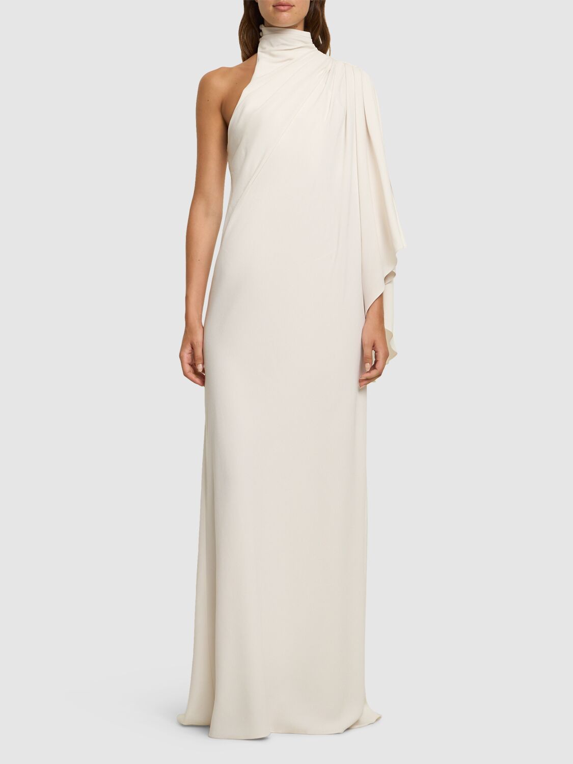 Shop Zuhair Murad One Sleeve Draped Cady Maxi Dress In White