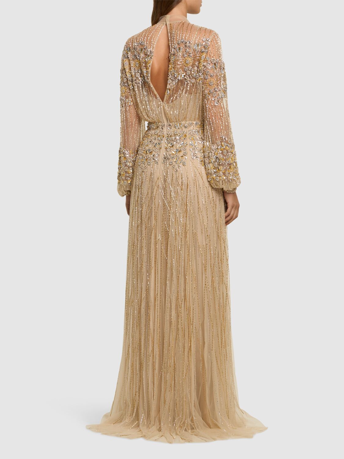 Shop Zuhair Murad Embellished Tulle V Neck Long Dress In Beige