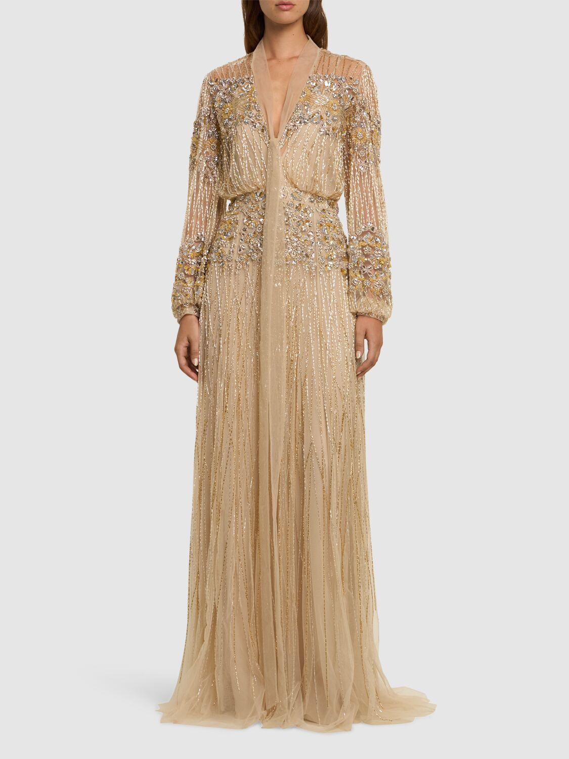 Shop Zuhair Murad Embellished Tulle V Neck Long Dress In Beige