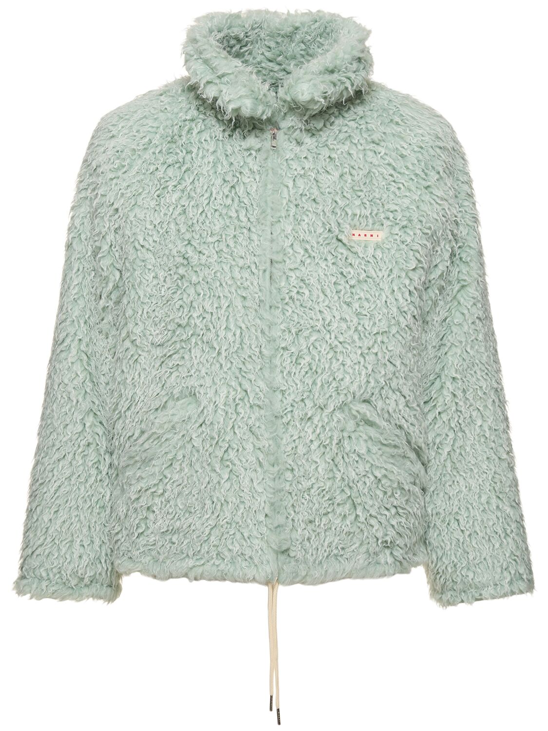 Marni Long Pile Shaggy Fur Jacket W/ Hood In Light Blue