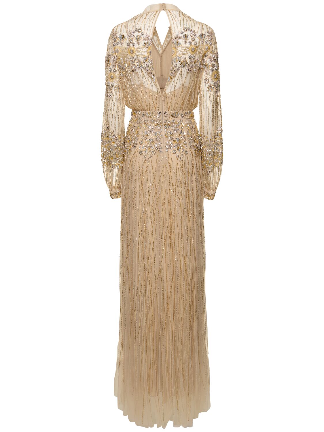 Shop Zuhair Murad Embellished Tulle V Neck Long Dress In Beige