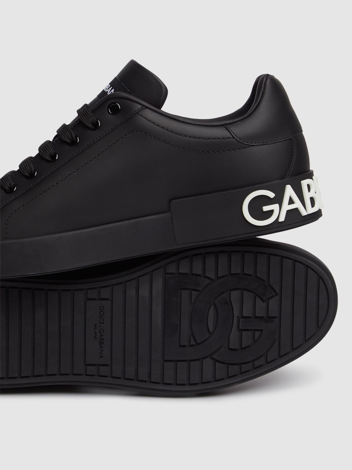 Dolce & Gabbana Portofino Sneakers In Black Calf Leather With White Logo In Nero/nero