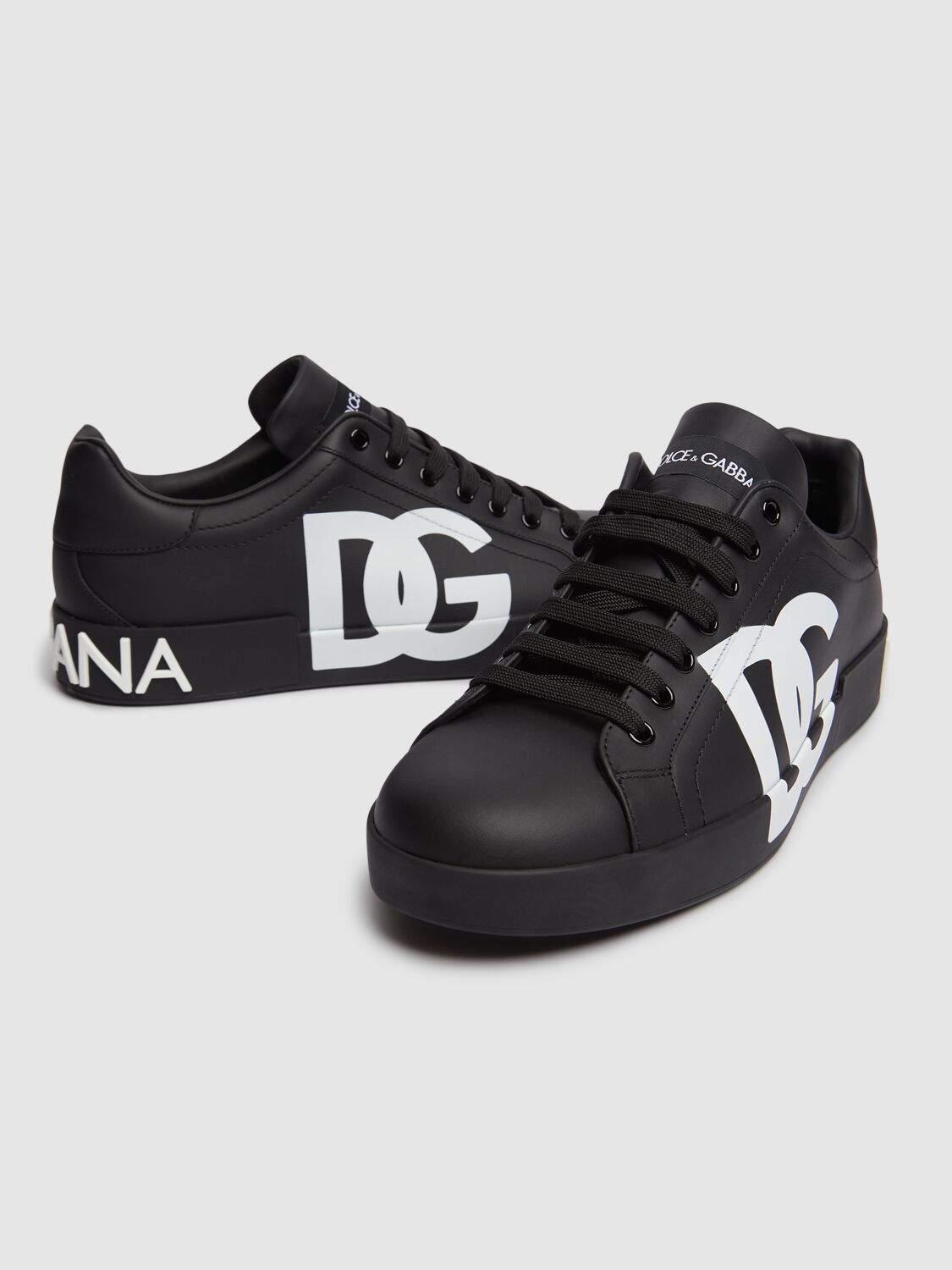Dolce & Gabbana Portofino Sneakers In Black Calf Leather With White Logo In Nero/nero