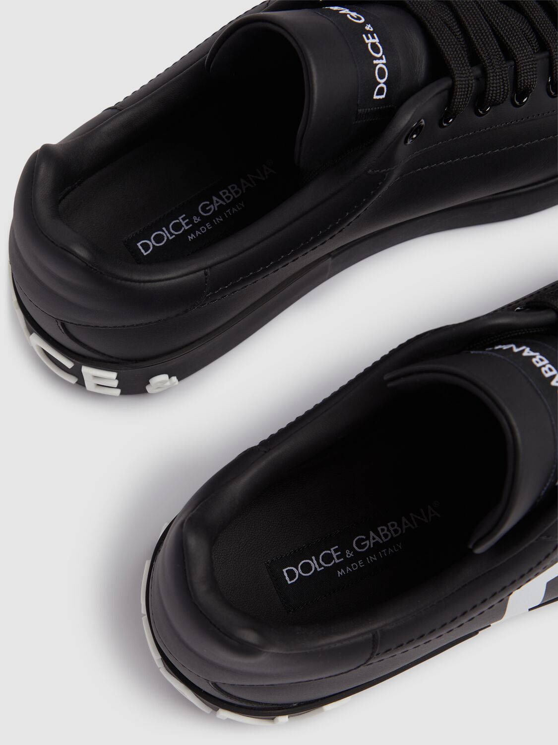Dolce & Gabbana Portofino Sneakers In Black Calf Leather With White Logo In Nero/nero