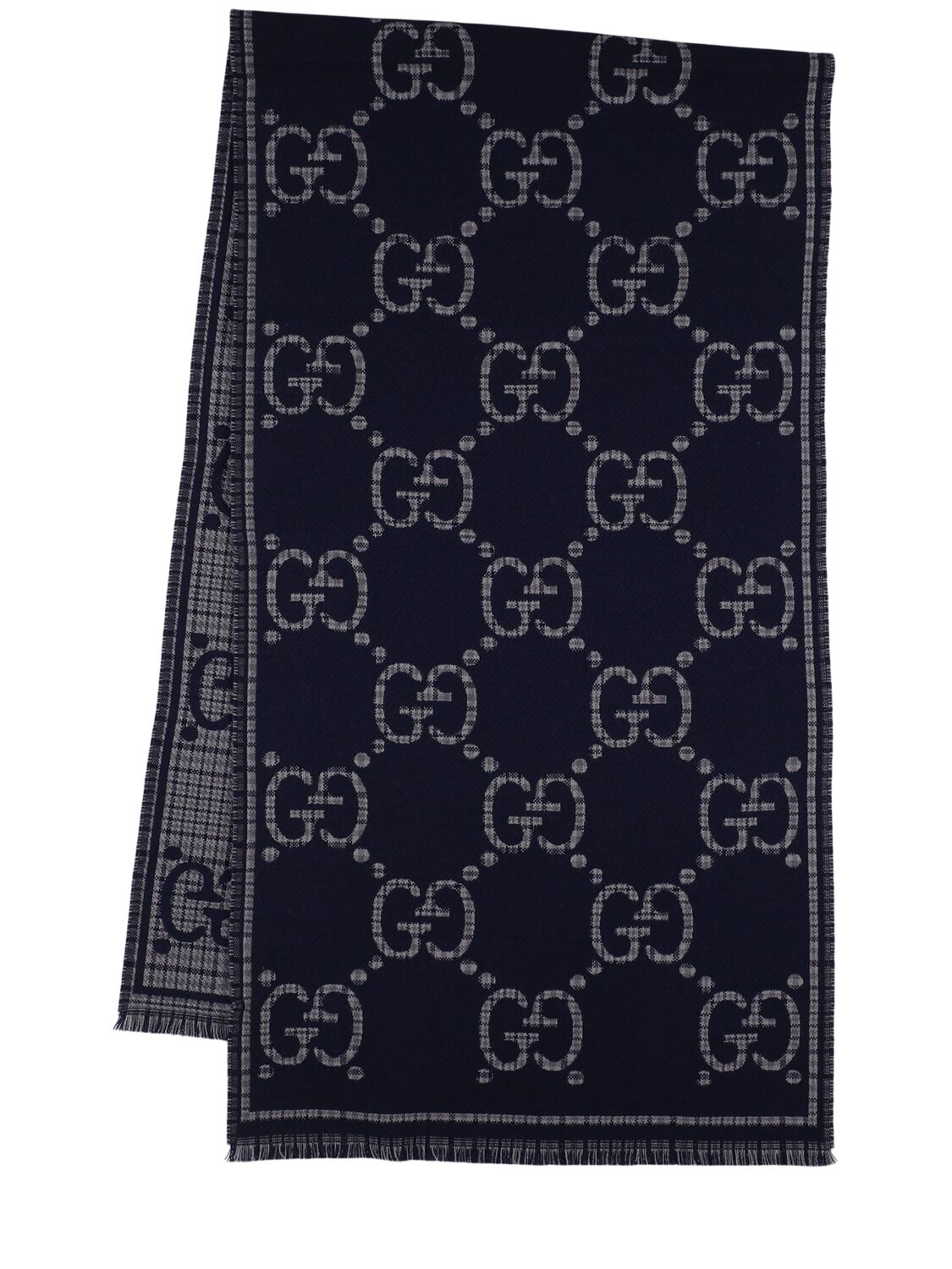 Gucci Gg Wool Jacquard Scarf In Lead/blue