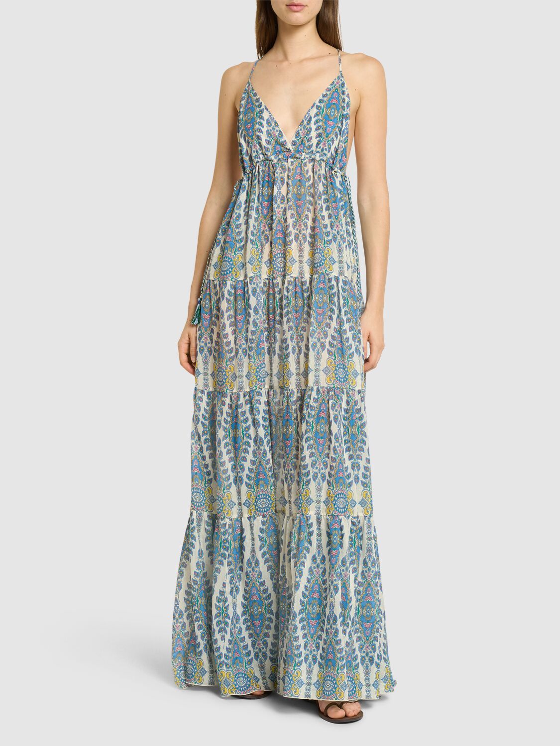 Etro Womens Print On White Base Paisley-print Sleeveless Cotton-silk Woven Midi Dress In Blue/multi