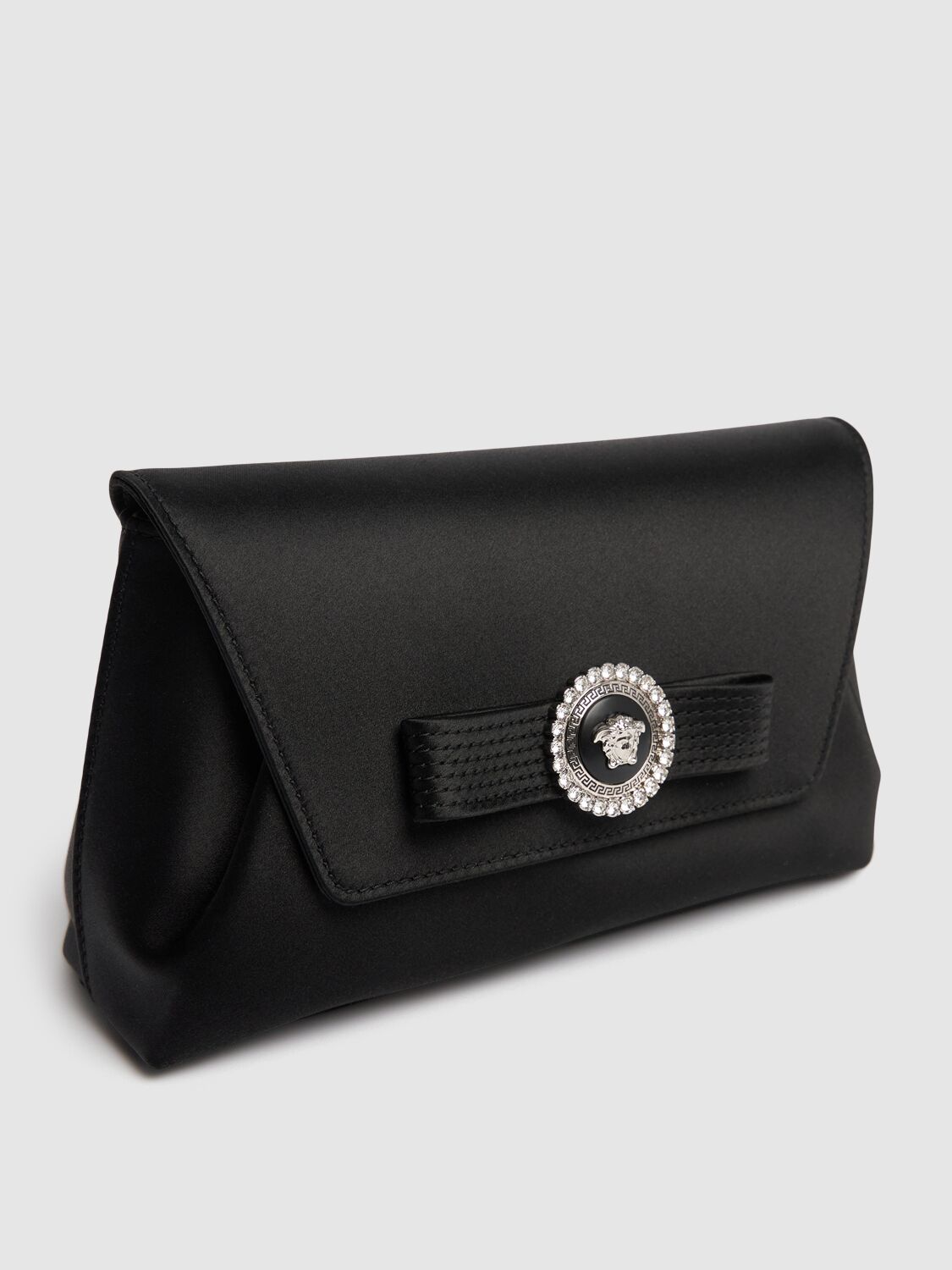 Shop Versace Gianni Ribbon Satin Evening Clutch In Black/palladium