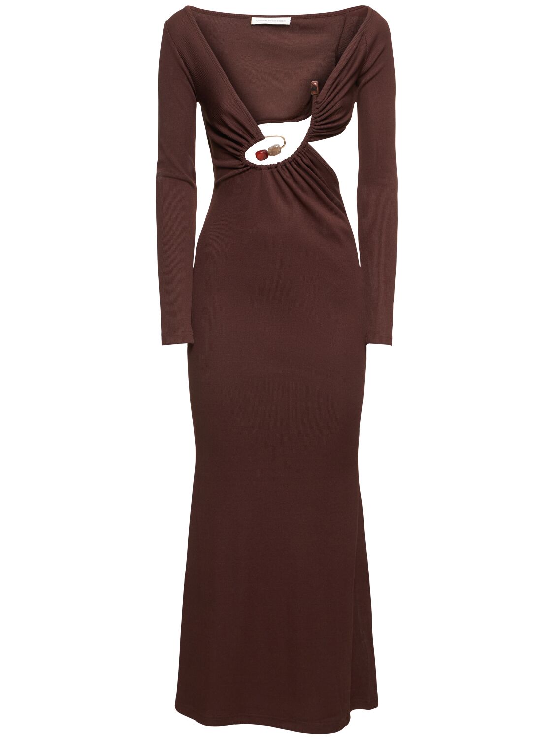 Shop Christopher Esber Spiral Crystal Compact Rib Long Dress In Brown