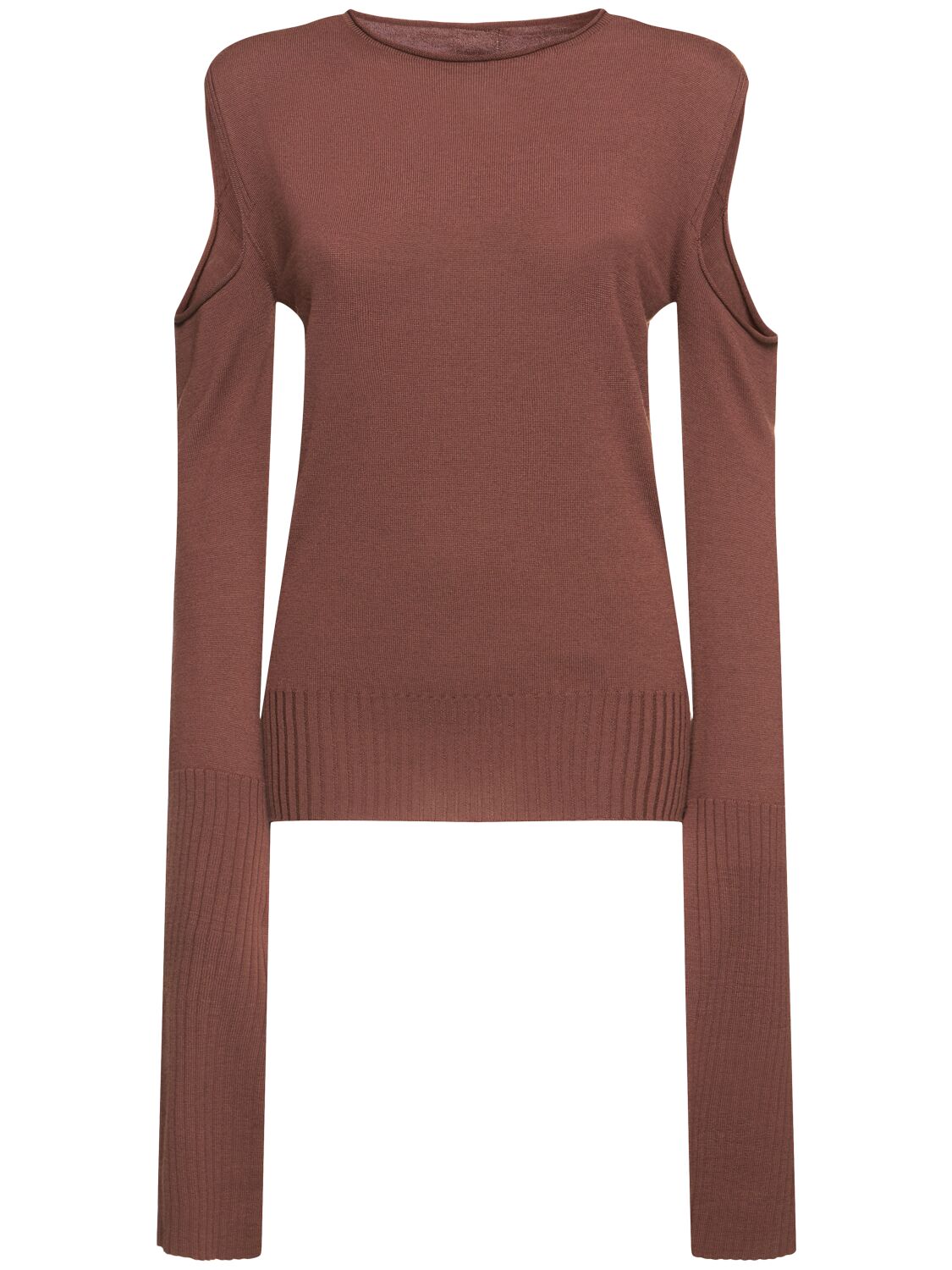 Rick Owens Long Sleeve Wool Knit Top W/cutouts In Brown