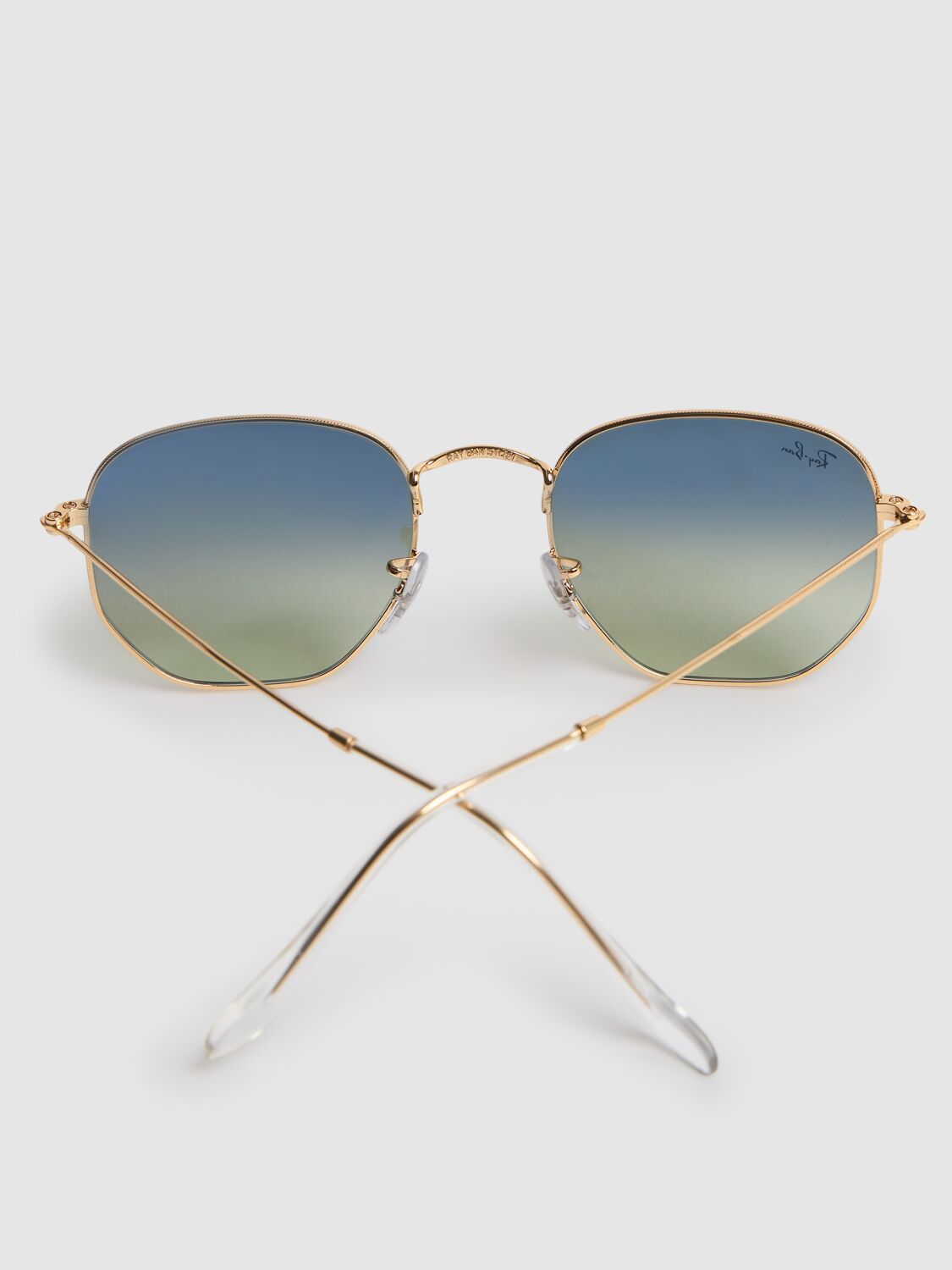 Shop Ray Ban Hexagonal Flat Lens Metal Sunglasses In Gold/green