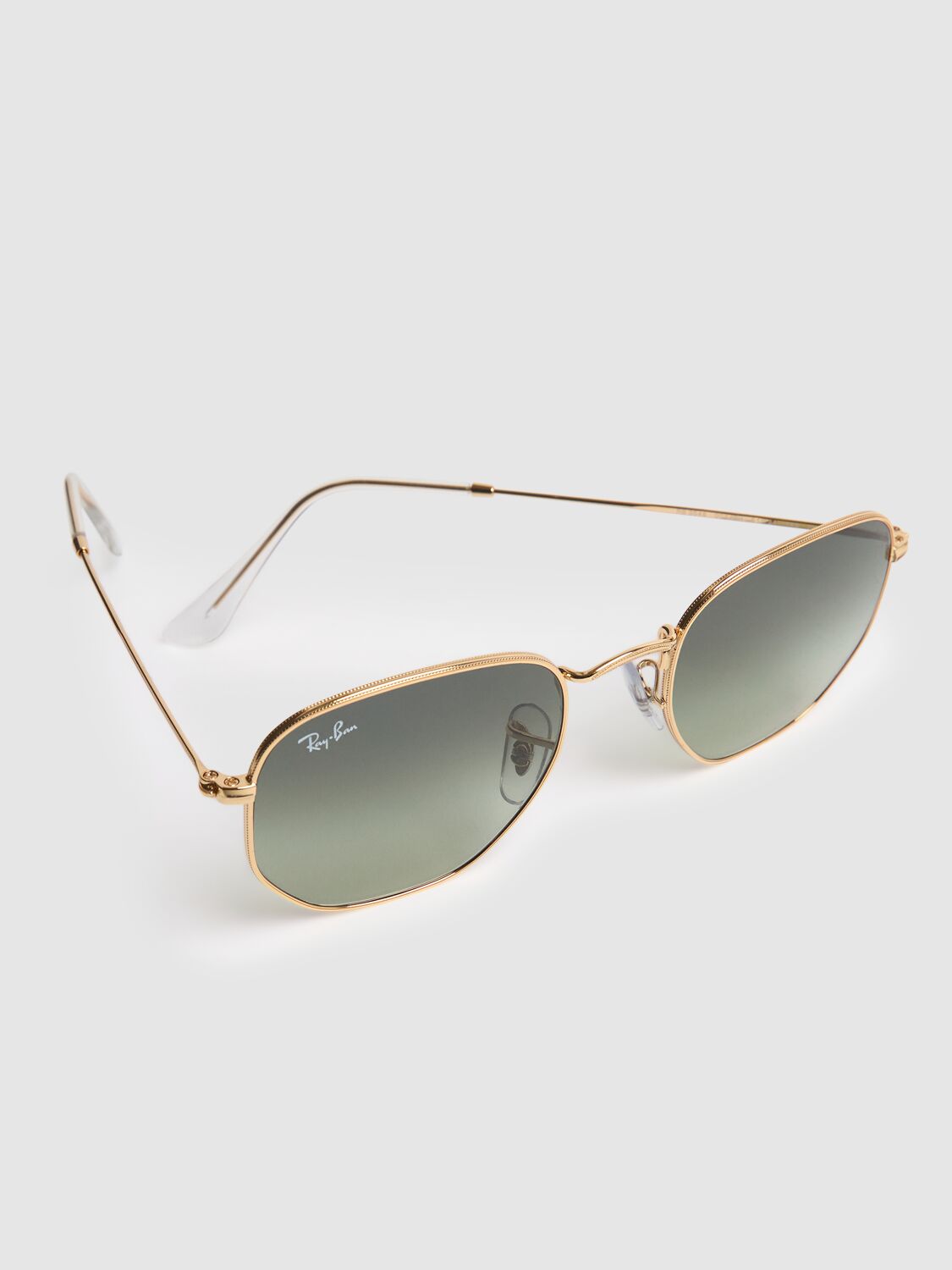 Shop Ray Ban Hexagonal Flat Lens Metal Sunglasses In Gold/green