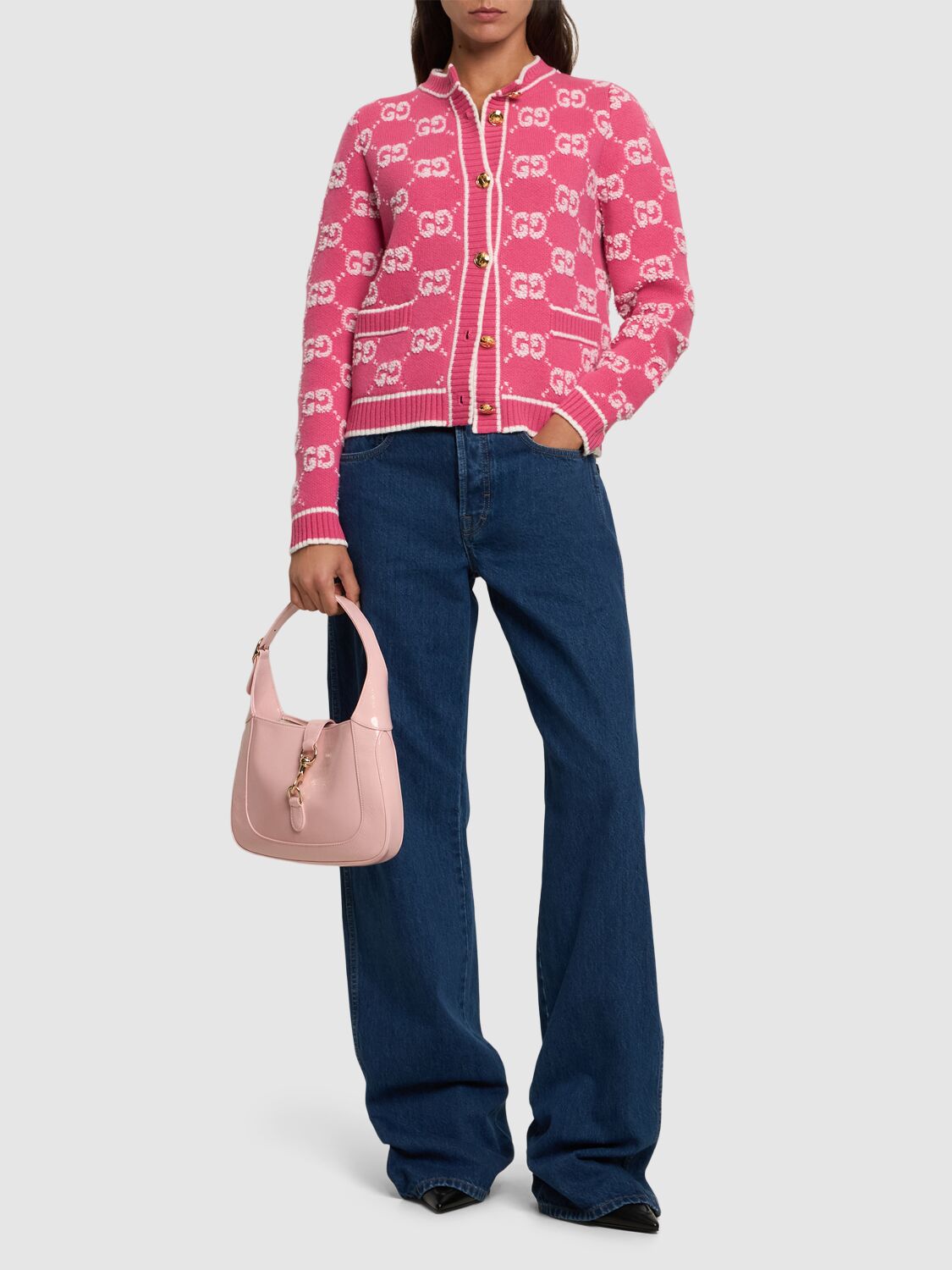 Shop Gucci Gg Wool Bouclé Jacquard Cardigan In Baloon Pink