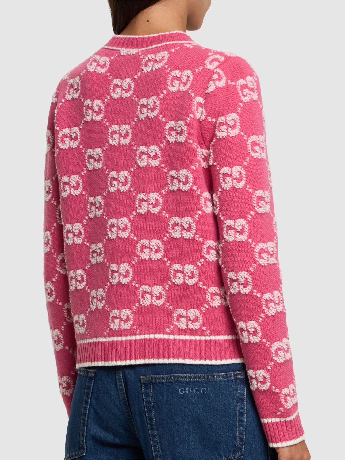 Shop Gucci Gg Wool Bouclé Jacquard Cardigan In Baloon Pink