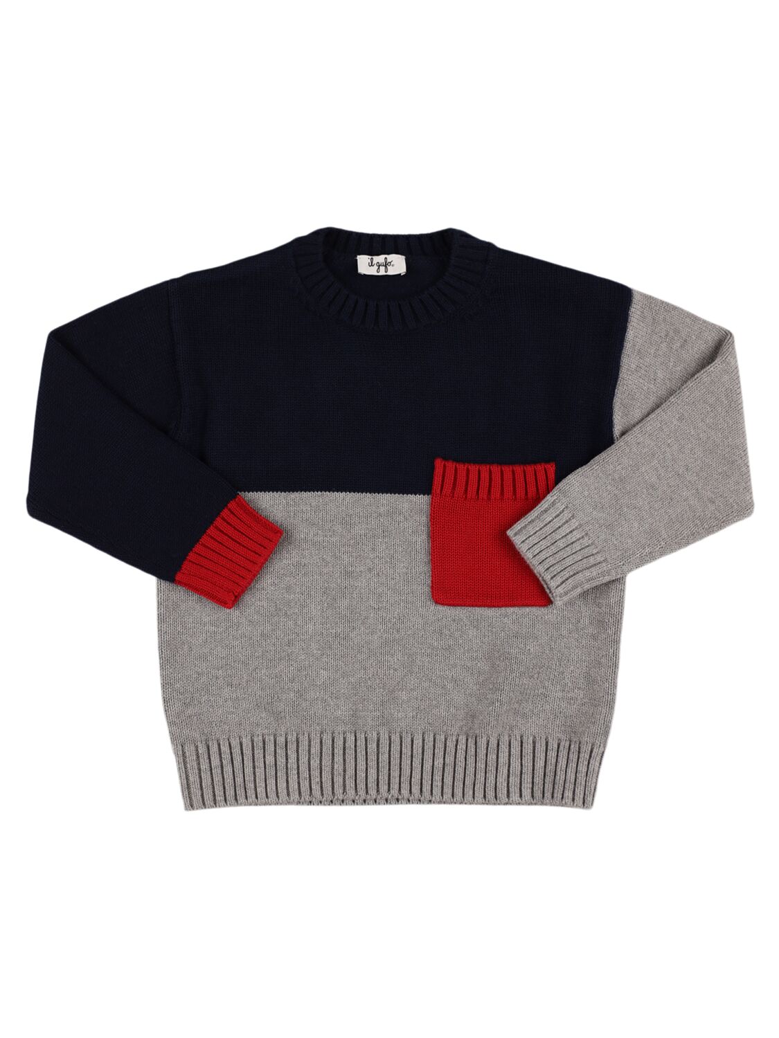 Il Gufo Color Block Cotton Knit Sweater In Blue/grey/red