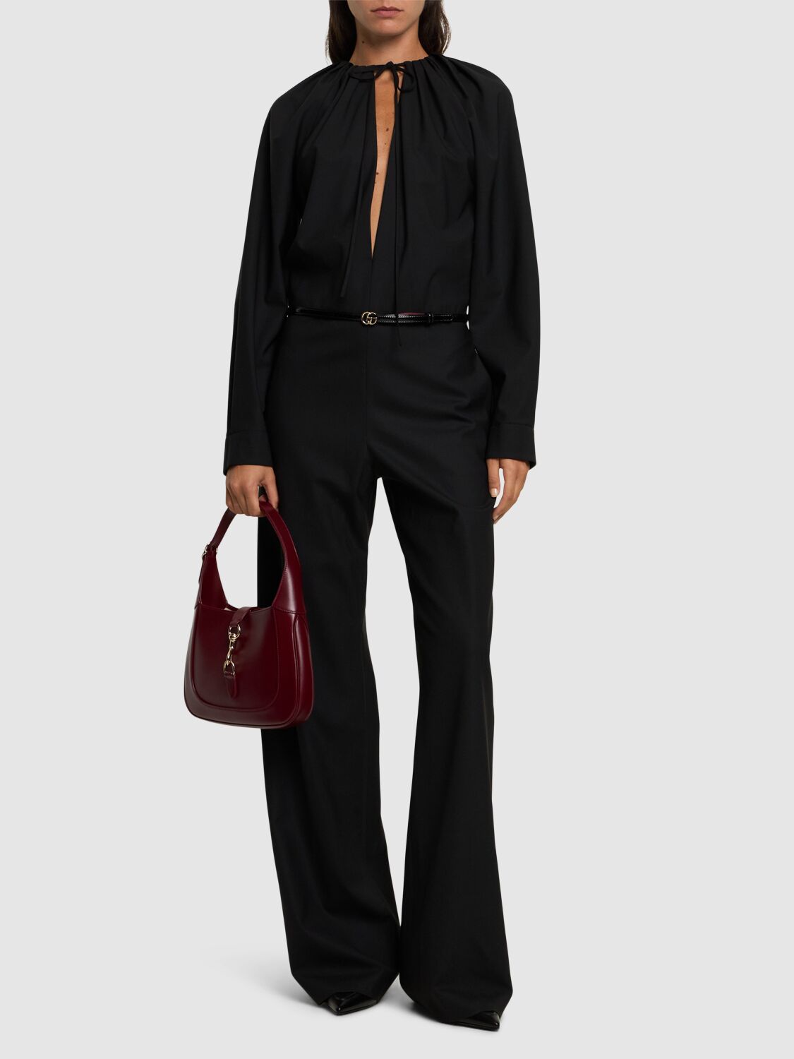 Shop Gucci Stretch Wool Blend Jumpsuit W/ Belt In Black