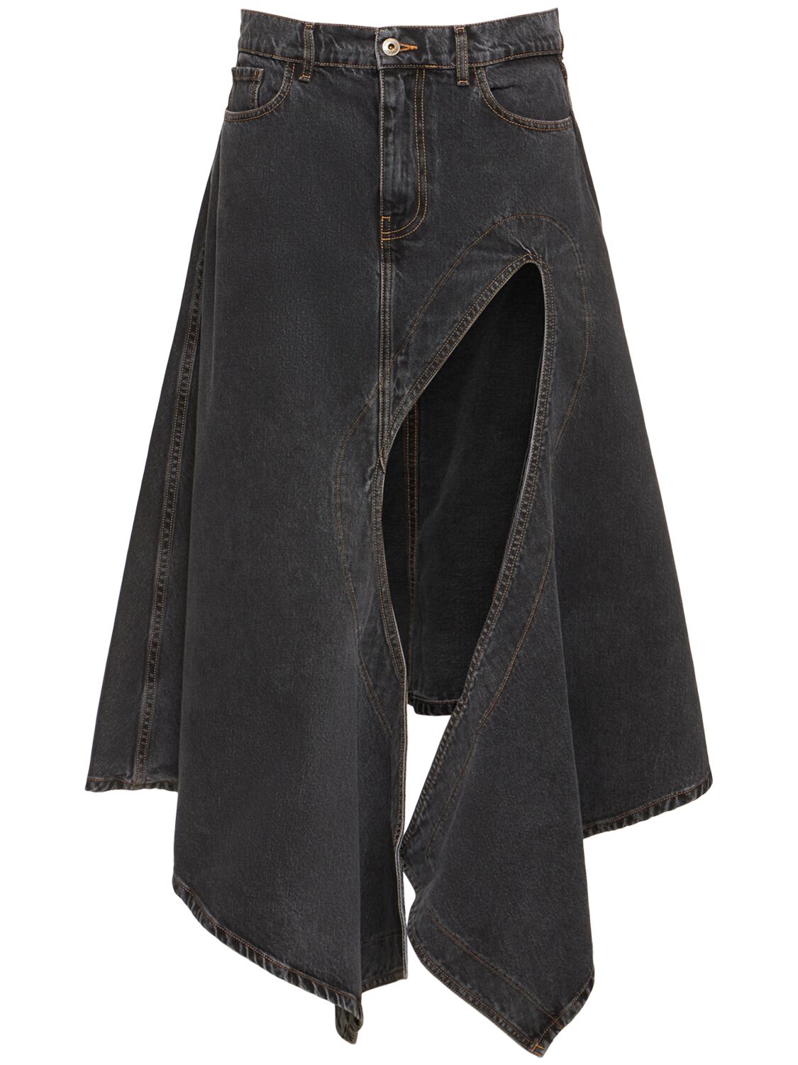 Shop Y/project Asymmetric High Rise Denim Midi Skirt In Black