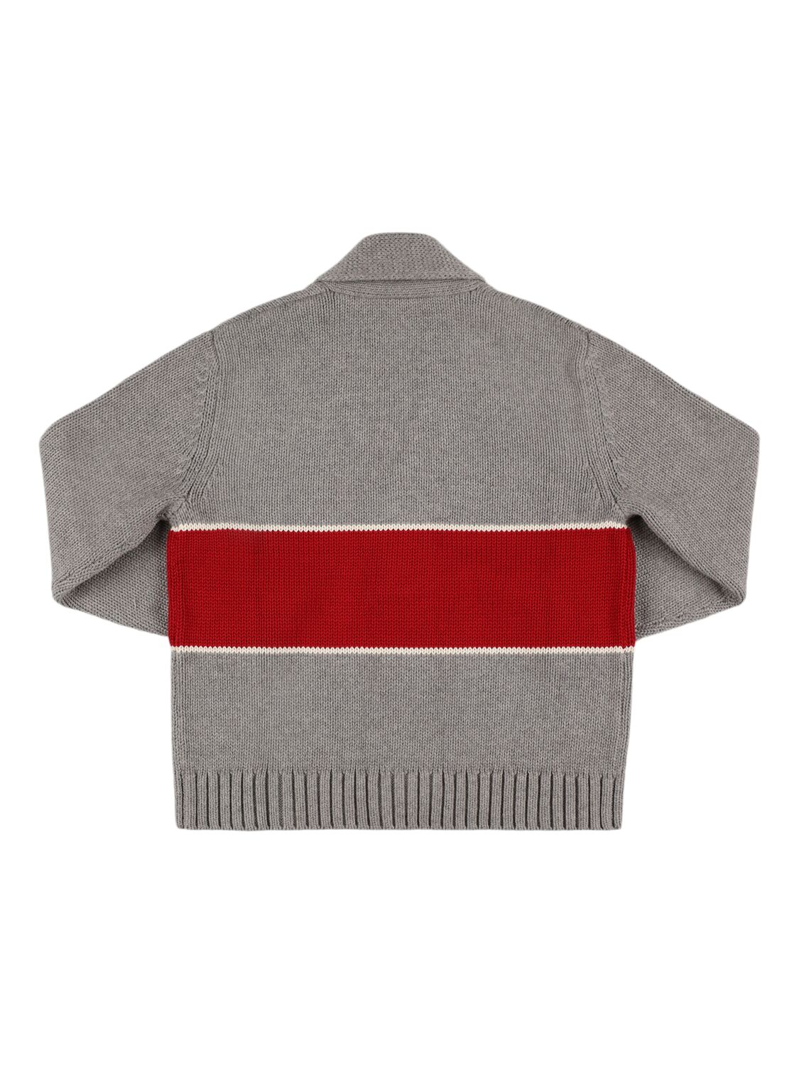 Shop Il Gufo Jacquard Cotton Knit Cardigan In Grey/red