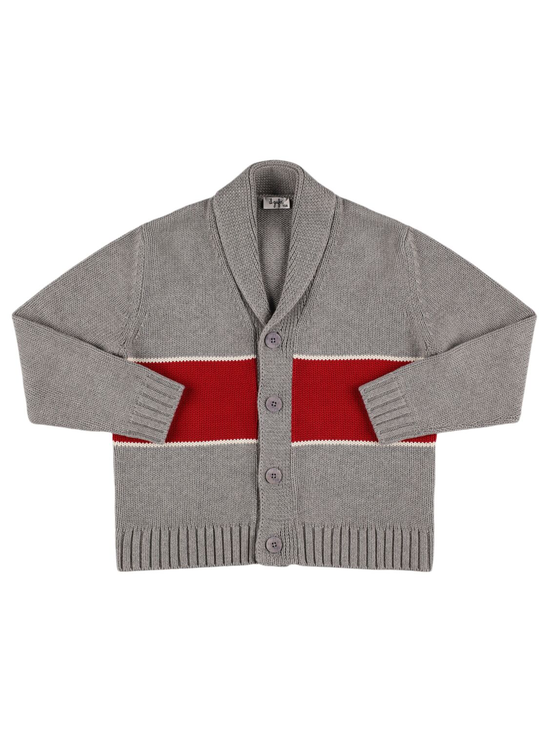 Il Gufo Jacquard Cotton Knit Cardigan In Grey/red