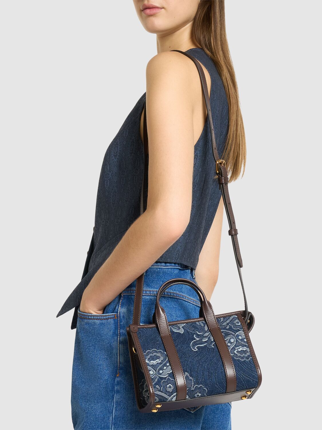 Shop Etro Xs Bauletto Denim Jacquard Bag In Dark Blue