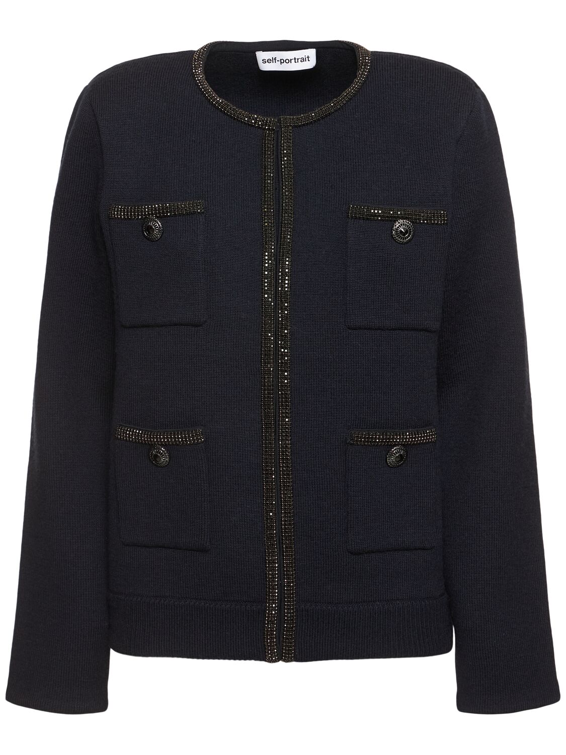 Shop Self-portrait Embellished Knit Cardigan Jacket In Navy