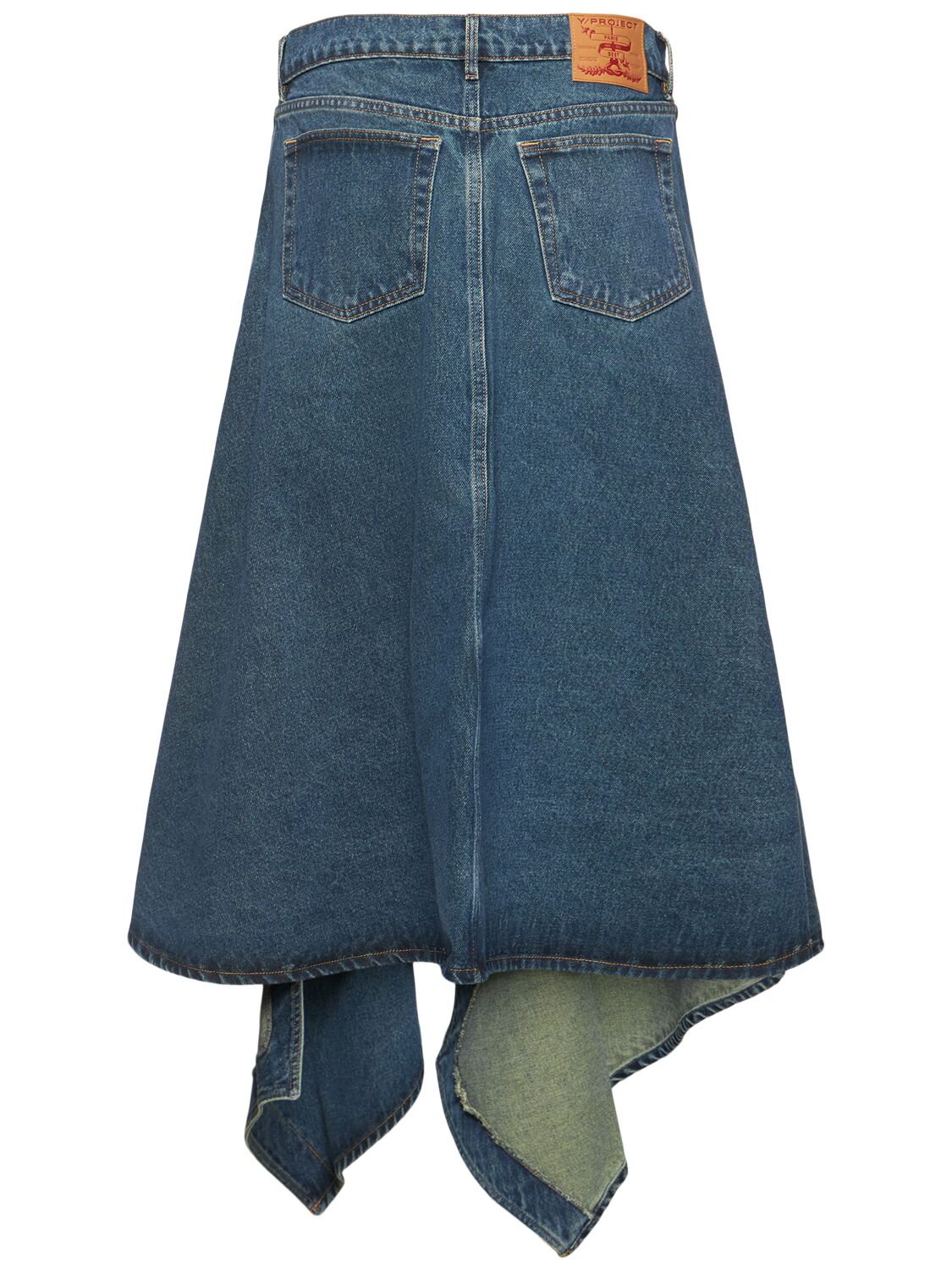 Shop Y/project Asymmetric High Rise Denim Midi Skirt In Blue