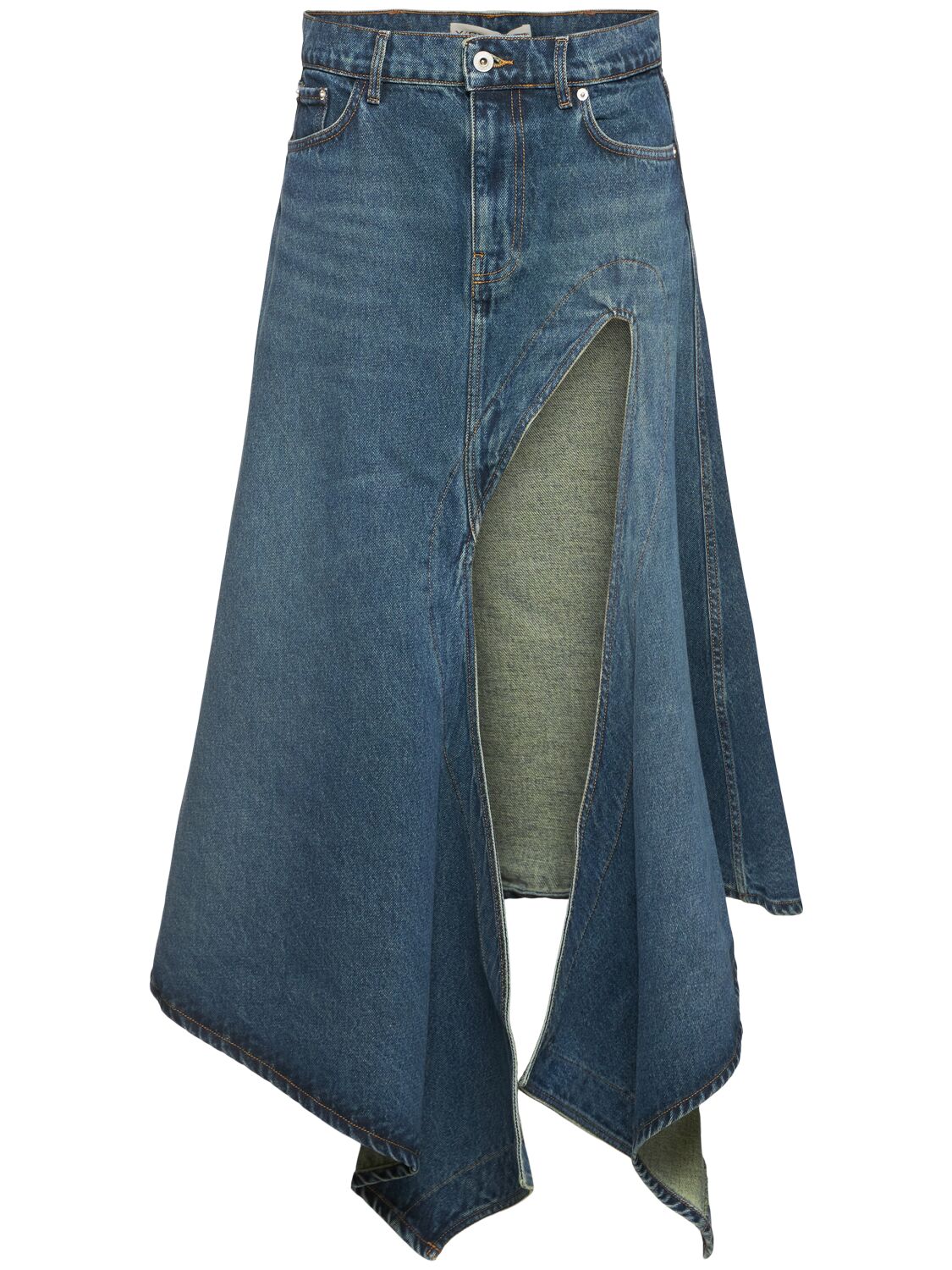 Shop Y/project Asymmetric High Rise Denim Midi Skirt In Blue