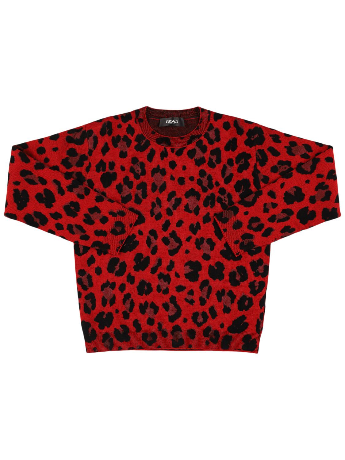 Versace Leopard Print Wool Blend Knit Jumper In Red