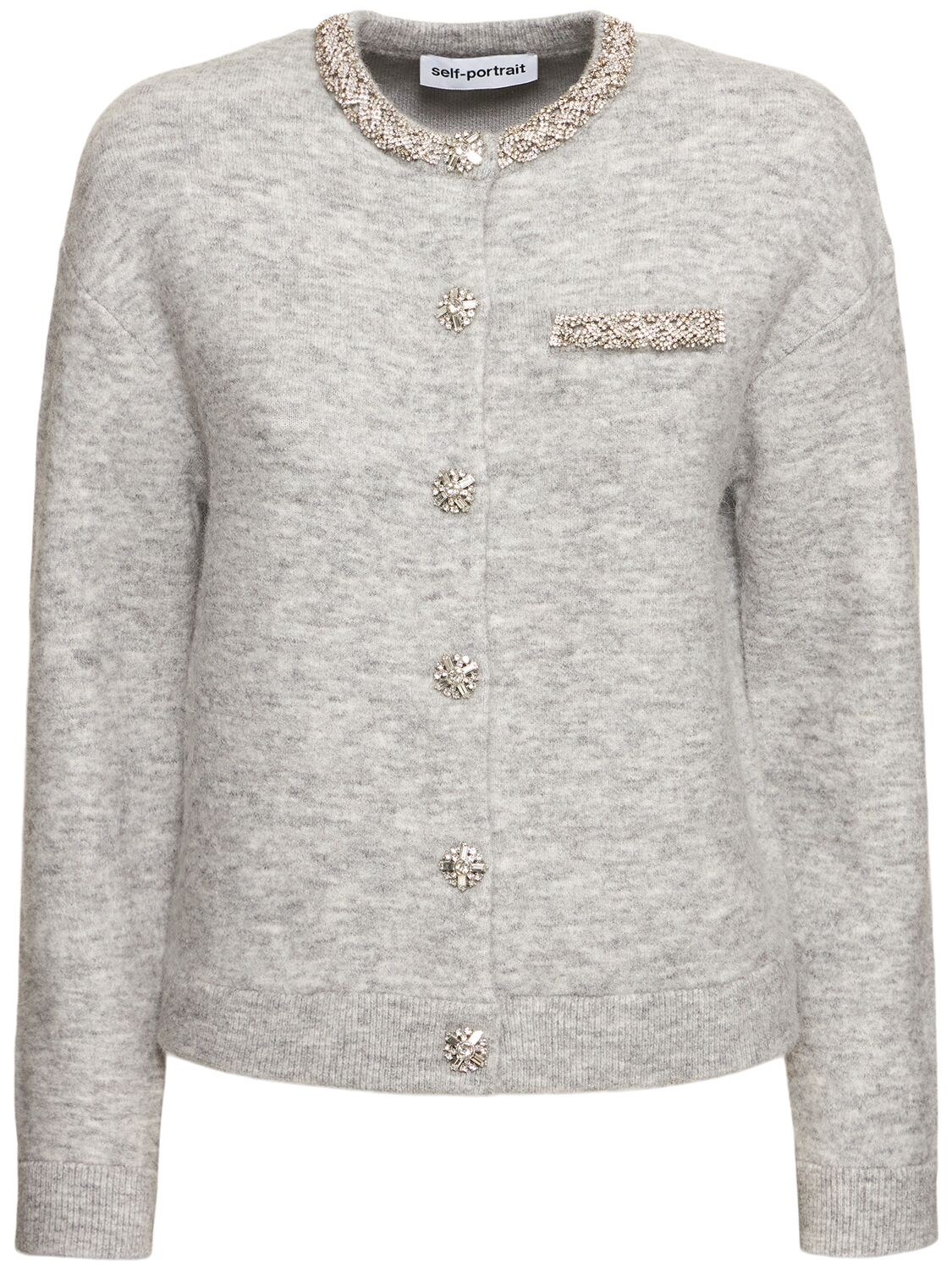 Self-portrait Embellished Viscose Blend Knit Cardigan In Grey