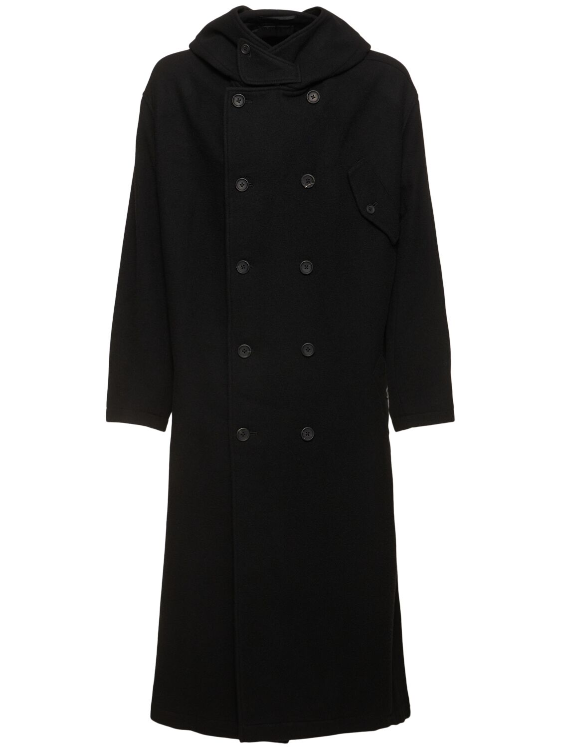 Yohji Yamamoto Hooded Wool Blend Coat In Black