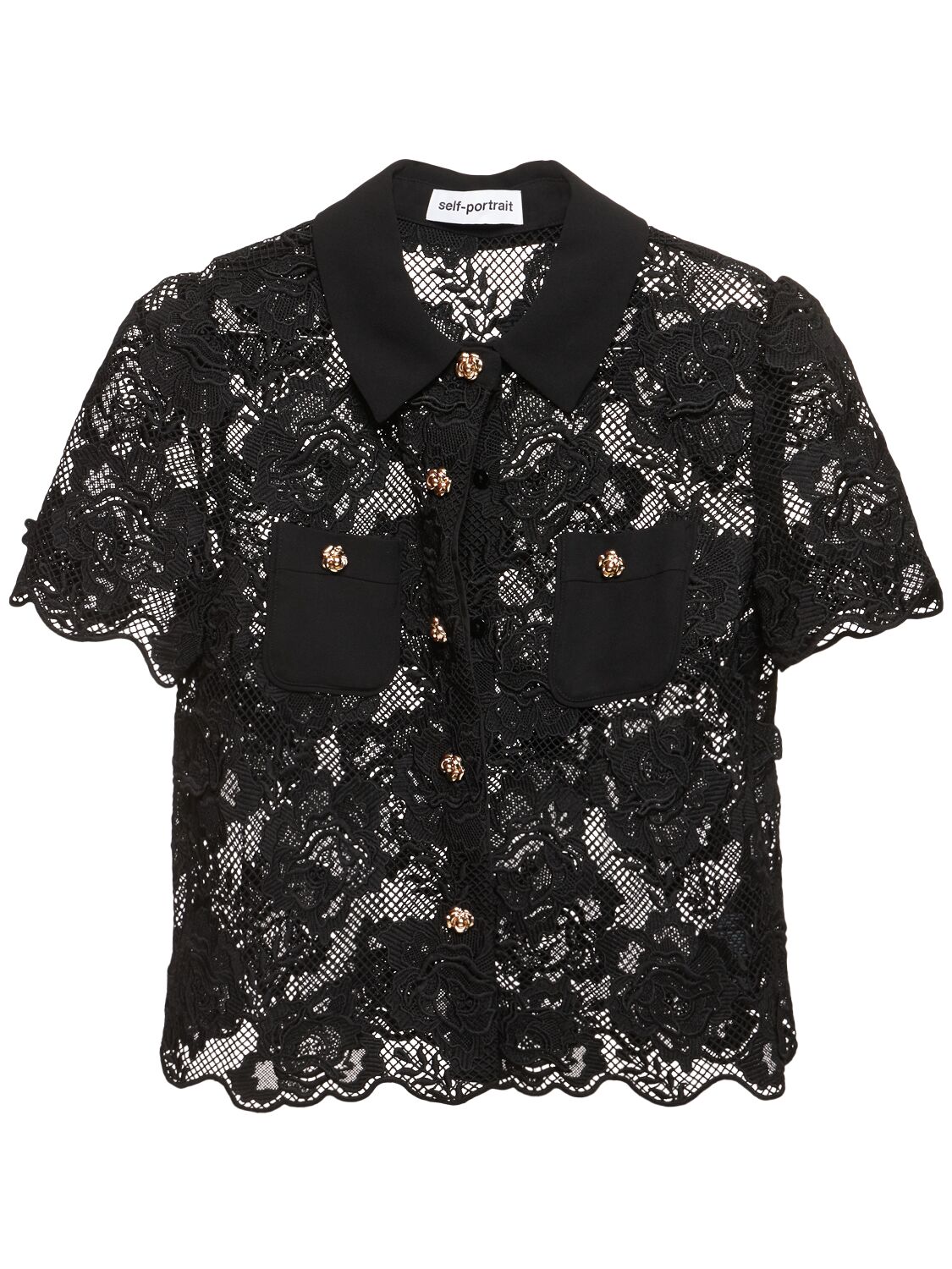 Shop Self-portrait Short Sleeve Lace Top In Black