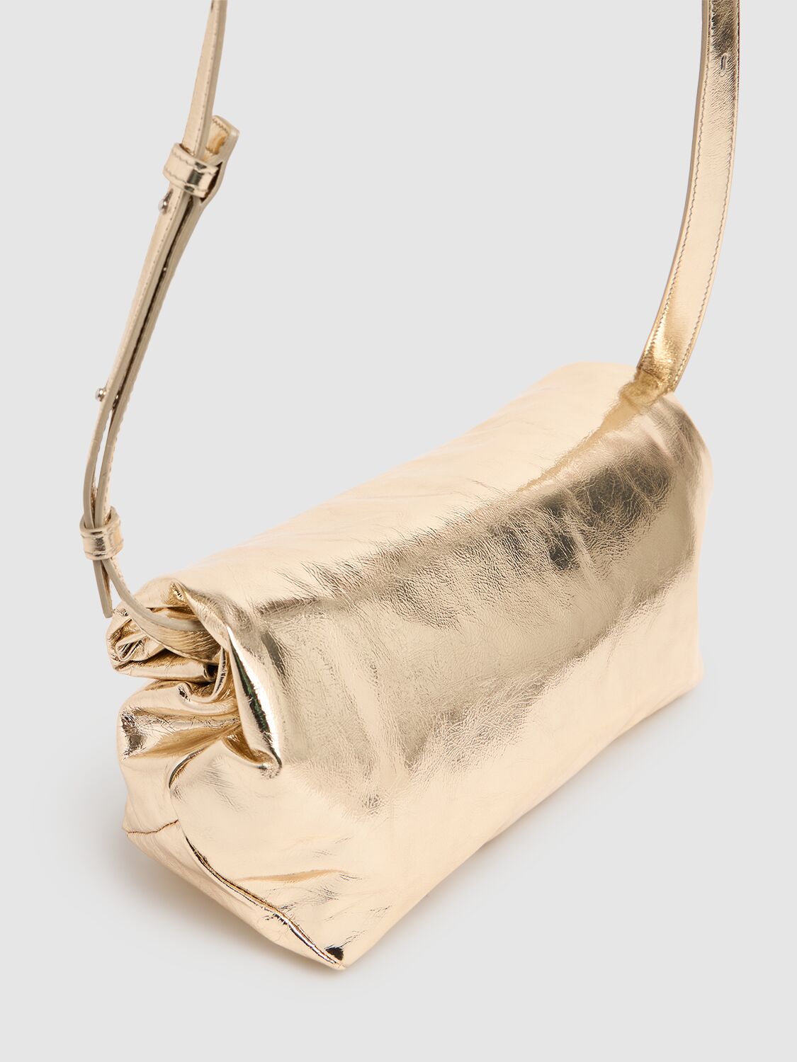 Shop Jil Sander Small Rollup Metallic Leather Bag In Platinum