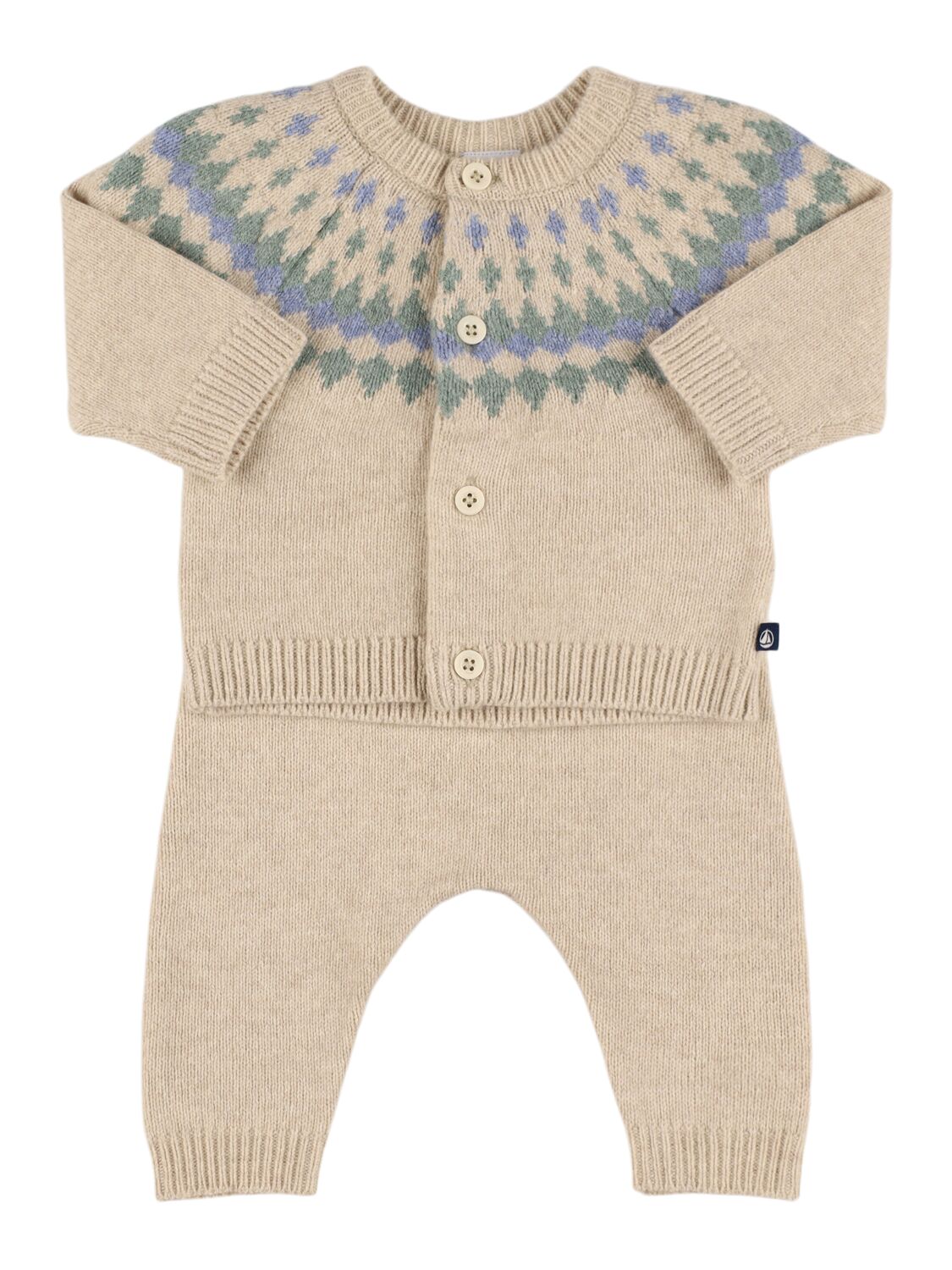 Petit Bateau Tricot Wool Blend Cardigan & Pants In Beige/blue