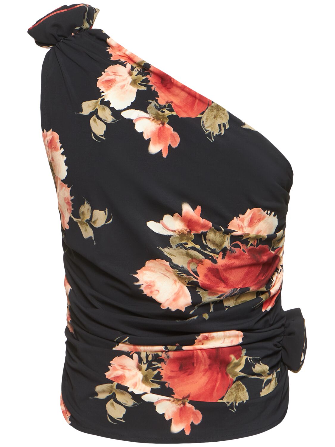 Shop Magda Butrym Draped Printed Jersey One Shoulder Top In Black/multi