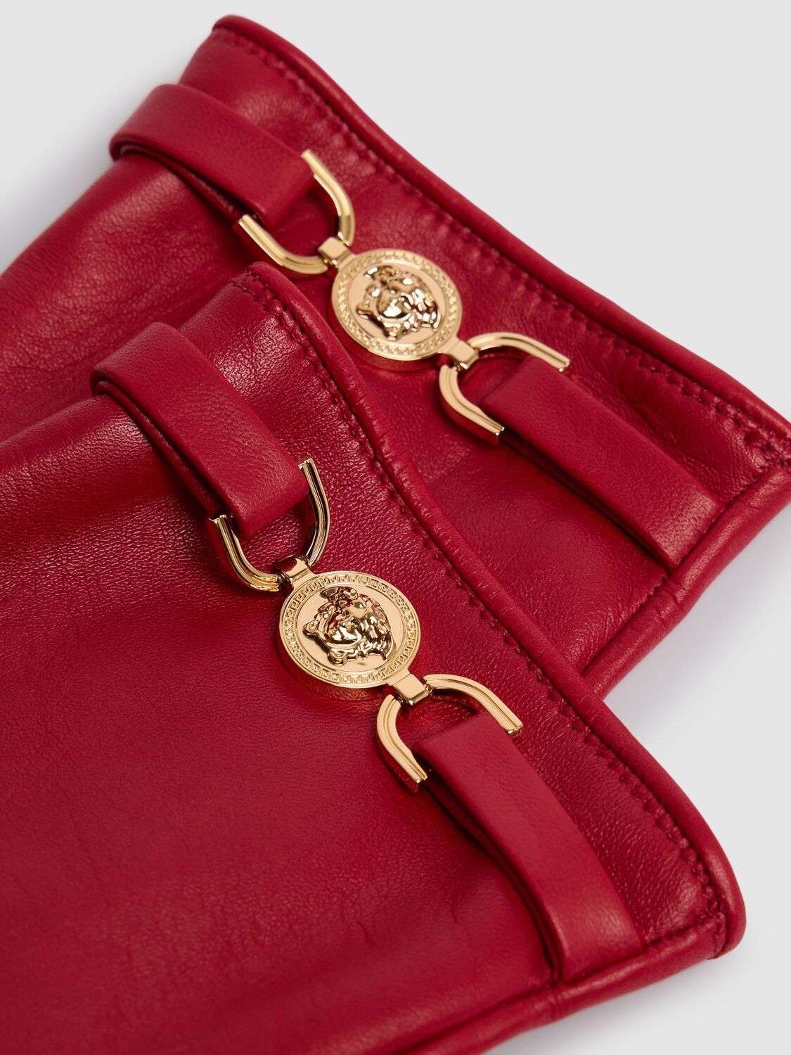 Shop Versace Medusa Clamp Leather Gloves In Lipstick Red