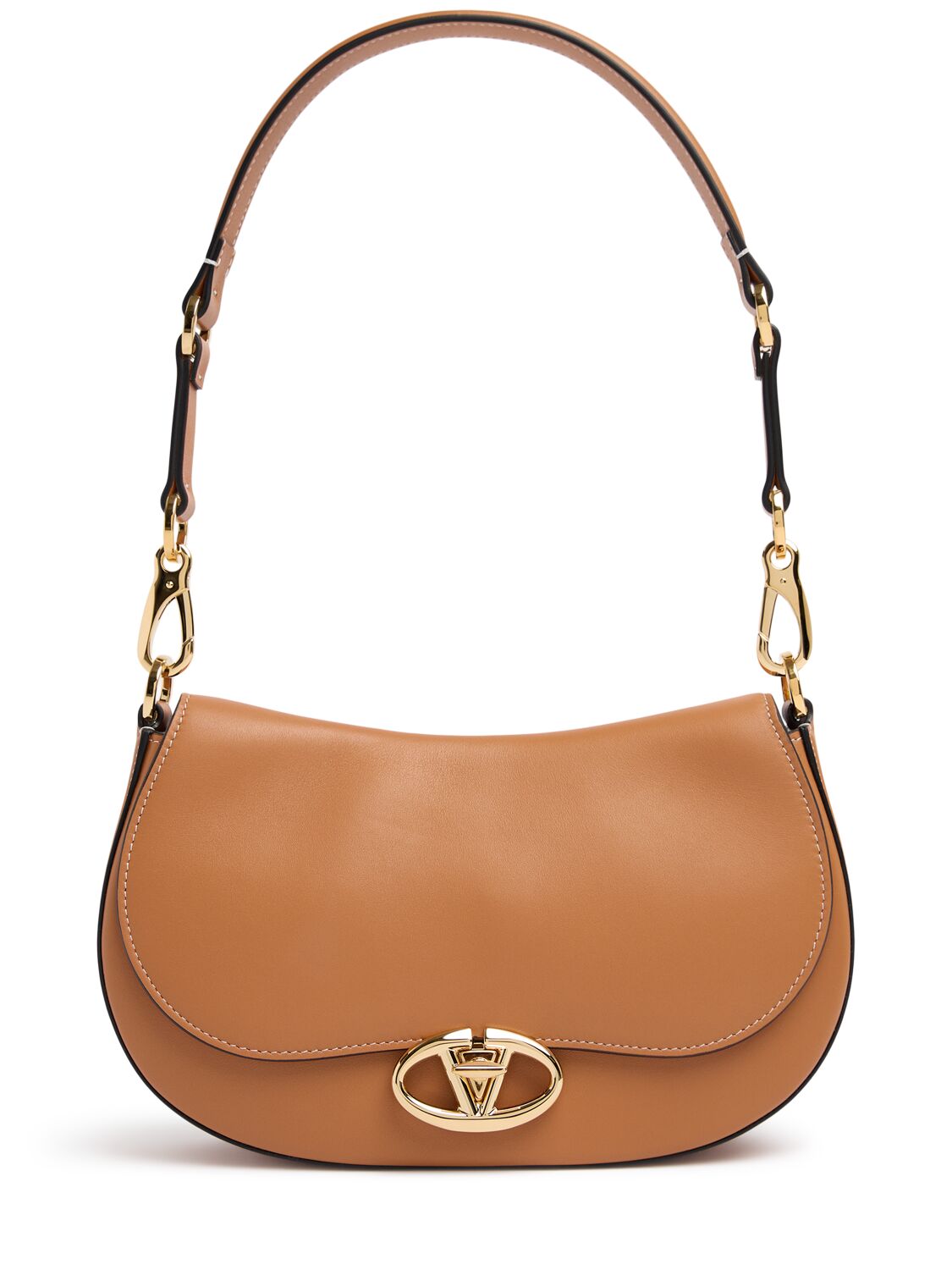 Valentino Garavani Saddle Logo Leather Shoulder Bag In Almond Beige