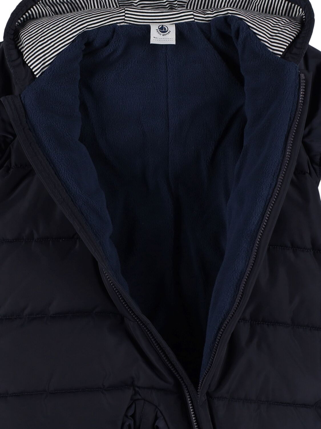 Shop Petit Bateau Hooded Nylon Puffer Romper In Dark Blue