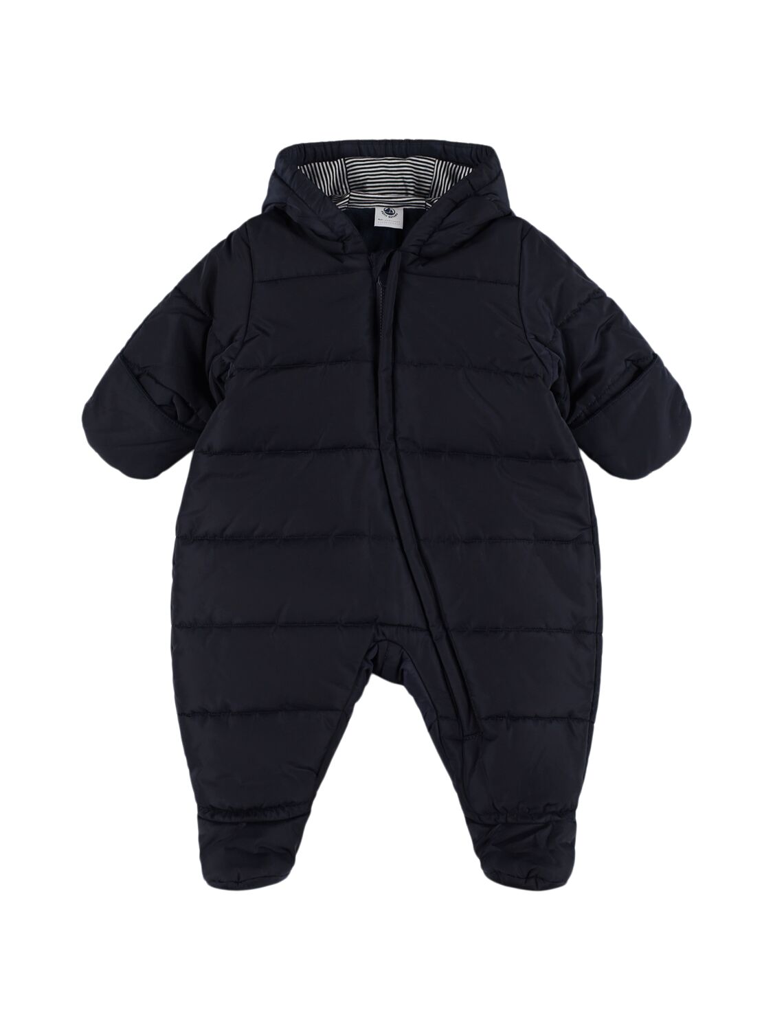 Petit Bateau Hooded Nylon Puffer Romper In Dark Blue